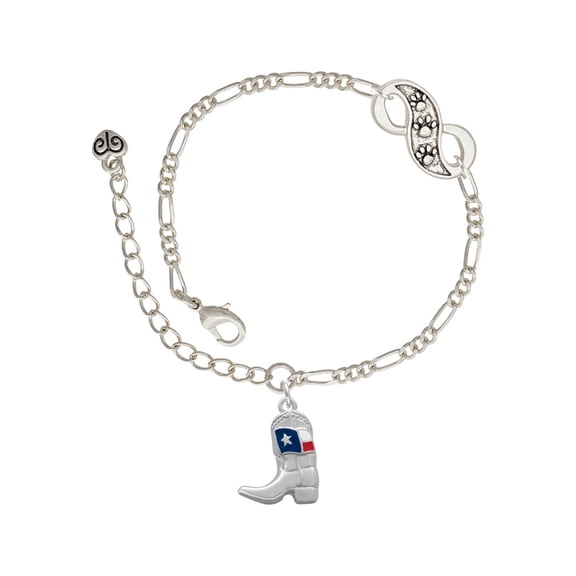 Delight Jewelry Silvertone Cowboy Boot with Texas Flag Silver-tone Paw Infinity Link Chain Bracelet, 6"+2" Extender