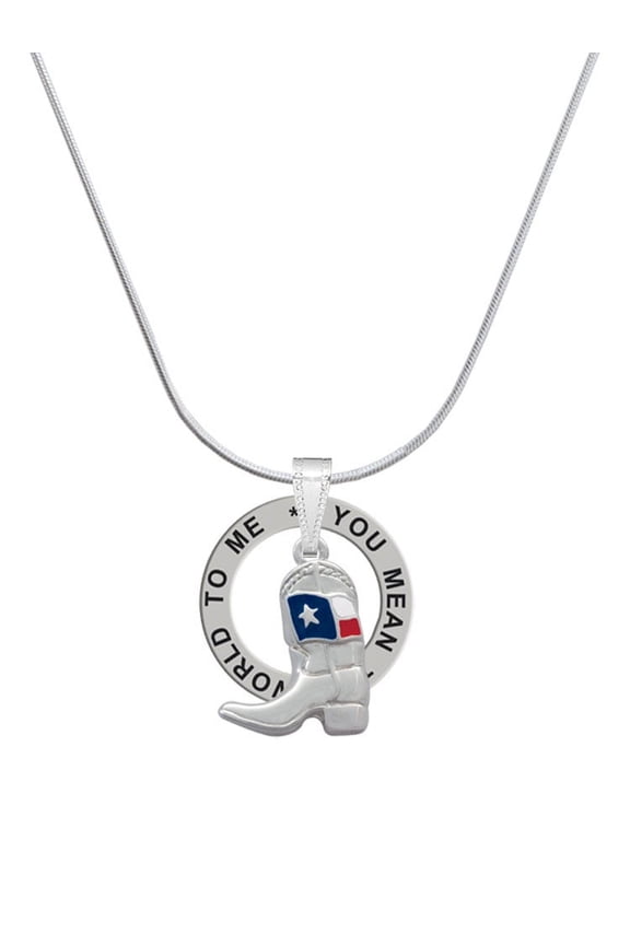 Silvertone Cowboy Boot with Texas Flag Silver-tone You Mean the World to Me Ring Necklace, 18"