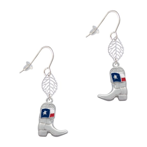 Delight Jewelry Silvertone Cowboy Boot with Texas Flag Silvertone Leaf French Earrings