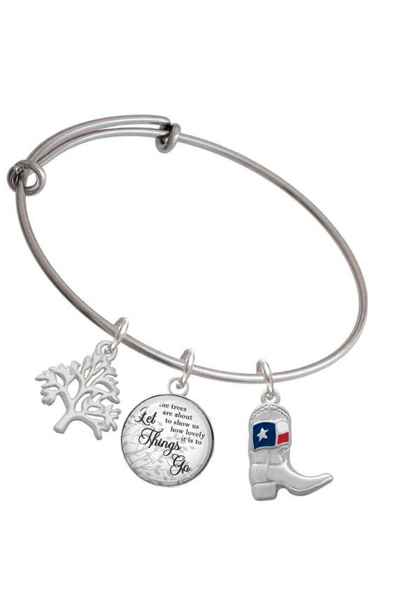 Silvertone Cowboy Boot with Texas Flag Silvertone Let Things Go Tree Charm Bangle Bracelet