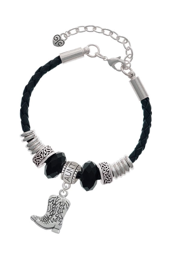 Silvertone Cowboy Boots Aunt Celtic Knot Leather Bead Bracelet, 7"+2" Extender
