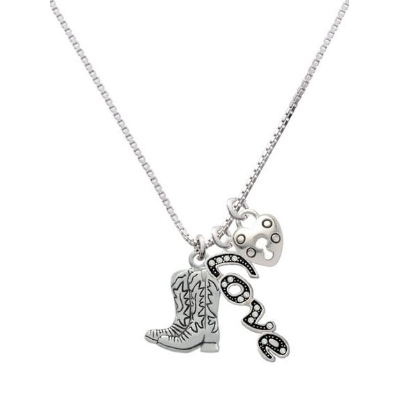 Delight Jewelry Silvertone Cowboy Boots - Love and Lock Charm Necklace, 18"+1"
