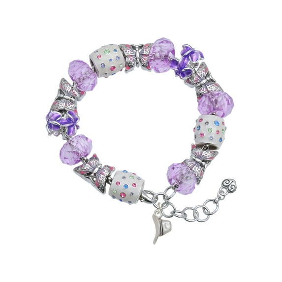 Delight Jewelry Silvertone Cowboy Hat Purple Butterfly Bead Charm Bracelet, 7"+1" Extender