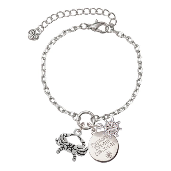 Delight Jewelry Silvertone Crab Silvertone Discover Dream Explore Zoey Charm Bracelet, 6.5+2" Extender