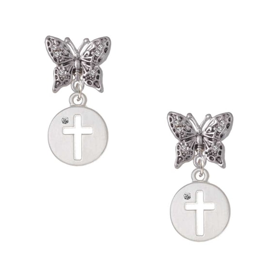Delight Jewelry Silvertone Cross Silhouette Silvertone Antiqued Butterfly Post Earrings
