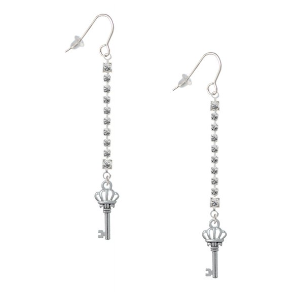 Delight Jewelry Silvertone Crown Key - Silver-tone Long Sparkle Dangle French Earrings
