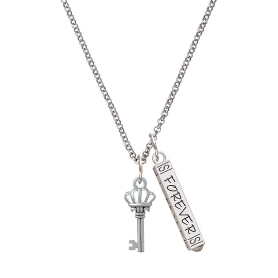 Delight Jewelry Silvertone Crown Key Silvertone Forever Bar Charm Necklace, 23"