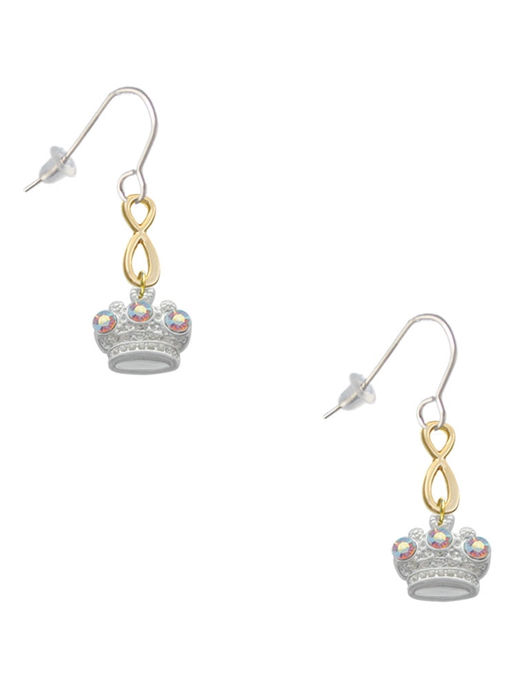Delight Jewelry Silvertone Crown with 3 Clear AB Crystals Gold Tone Infinity French Earrings