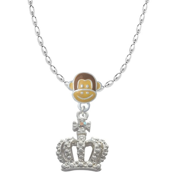 Delight Jewelry Silvertone Crown with AB Crystal Mia Monkey Charm Necklace