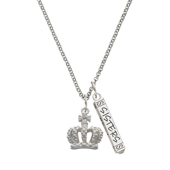 Delight Jewelry Silvertone Crown with AB Crystal Silvertone Sisters Best Friends Forever Bar Charm Necklace, 23"
