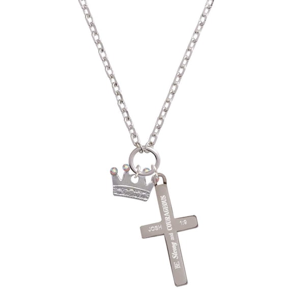 Delight Jewelry Silvertone Crown with Crystals and Textured Bottom Be Strong and Courageous Engraved Cross Zoey Necklace, 28"