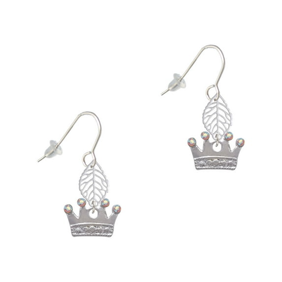 Delight Jewelry Silvertone Crown with Crystals and Textured Bottom Silvertone Leaf French Earrings