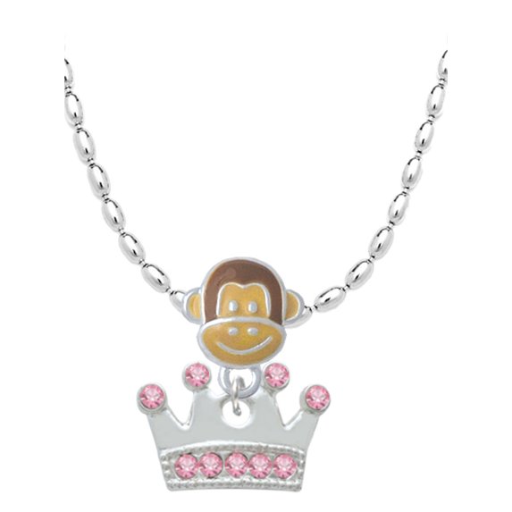 Delight Jewelry Silvertone Crown with Light Pink Crystals Mia Monkey Charm Necklace