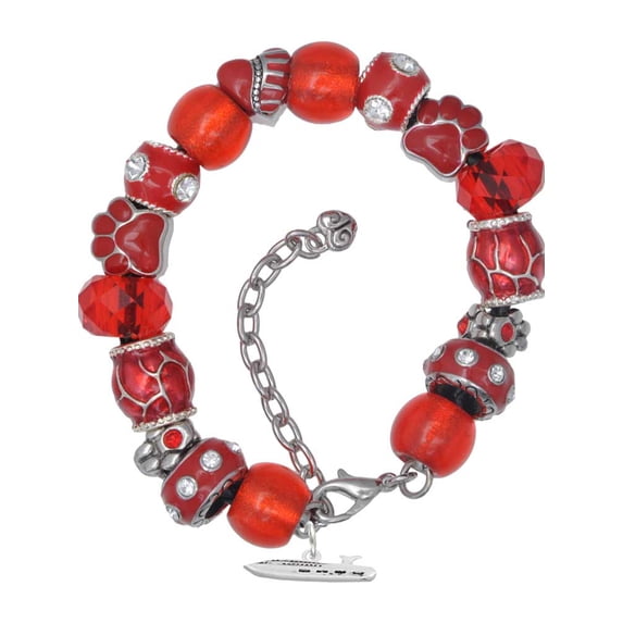 Delight Jewelry Silvertone Cruise Liner Red Paw Print Bead Bracelet, 7"+2"