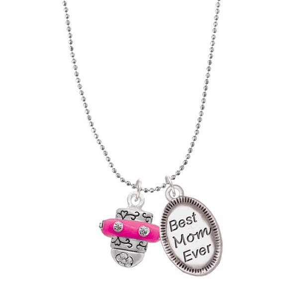 Delight Jewelry Silvertone Crystal Hot Pink Spinner Best Mom Ever Charm Necklace