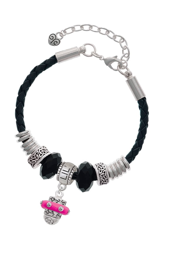 Silvertone Crystal Hot Pink Spinner Big Sister Celtic Knot Leather Bead Bracelet, 7"+2" Extender