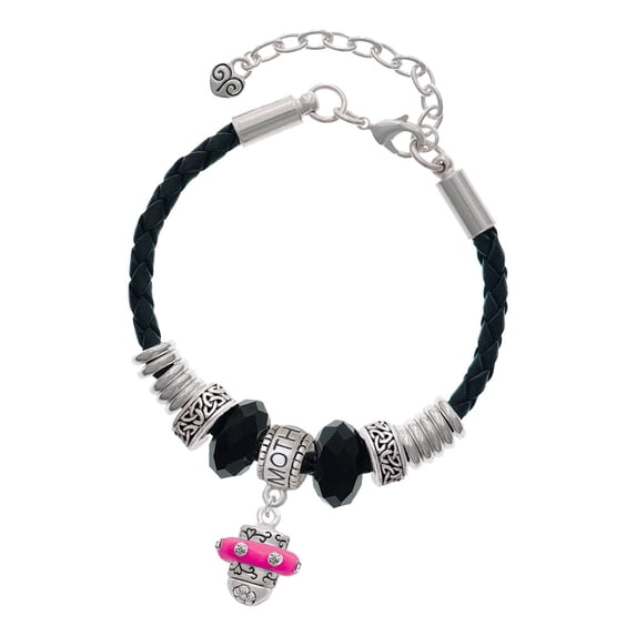 Delight Jewelry Silvertone Crystal Hot Pink Spinner Mother Celtic Knot Leather Bead Bracelet, 7"+2" Extender