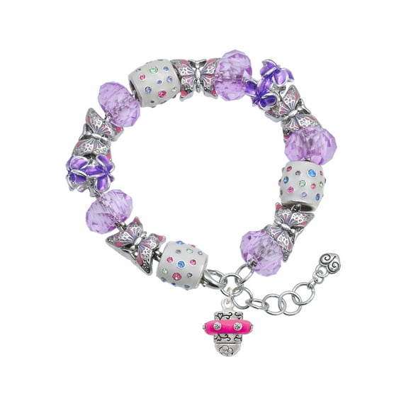 Delight Jewelry Silvertone Crystal Hot Pink Spinner Purple Butterfly Bead Charm Bracelet, 7"+1" Extender