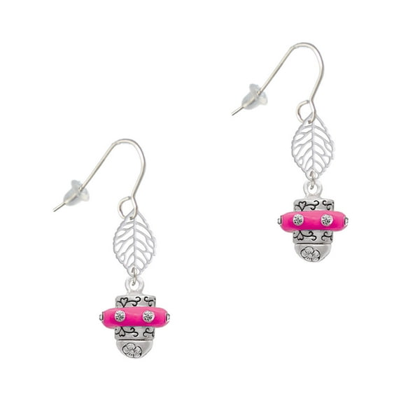 Delight Jewelry Silvertone Crystal Hot Pink Spinner Silvertone Leaf French Earrings