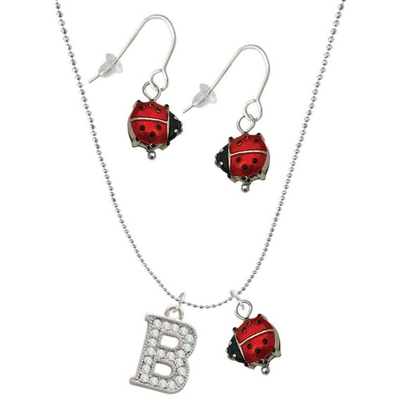 Delight Jewelry Silvertone Crystal Initial - B - Red Lucky Ladybug Necklace and Dangle Earrings Set