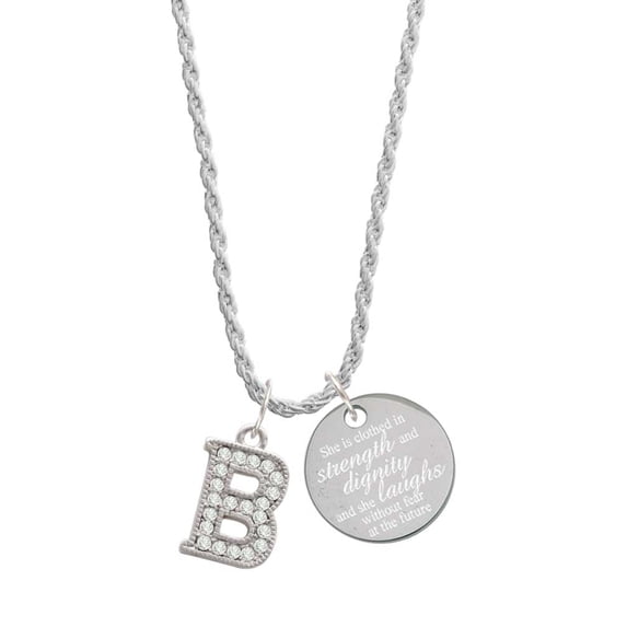 Delight Jewelry Silvertone Crystal Initial - B - She is Clothed in Stength and Dignity Charm Necklace, 20"+3"