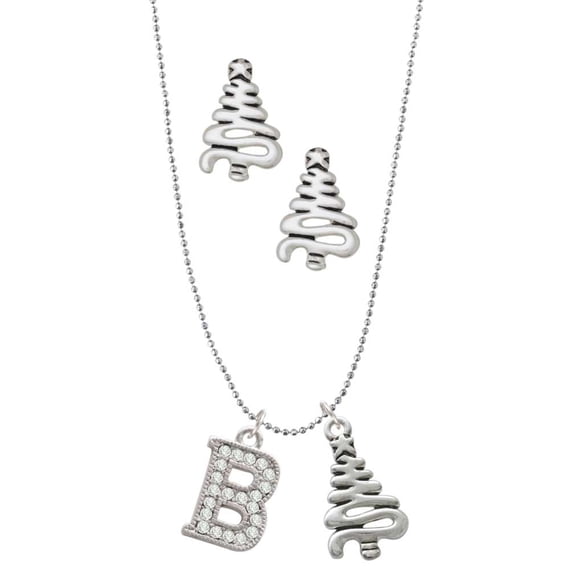 Delight Jewelry Silvertone Crystal Initial - B - Silver tone Zig Zag Christmas Tree Charm Necklace and Stud Earrings