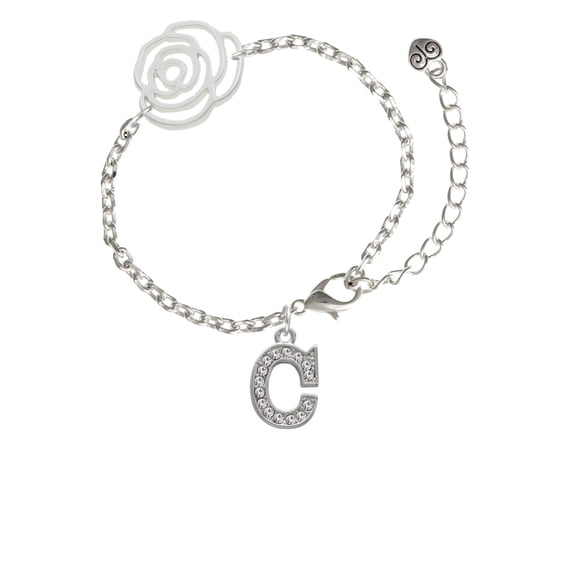 Delight Jewelry Silvertone Crystal Initial - C - Silver-tone Flower Link Chain Bracelet, 6.75"+2" Extender