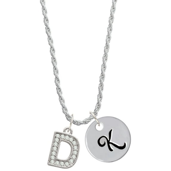 Delight Jewelry Silvertone Crystal Initial - D - Silvertone Script Initial Disc - K - Charm Necklace, 20"+3"