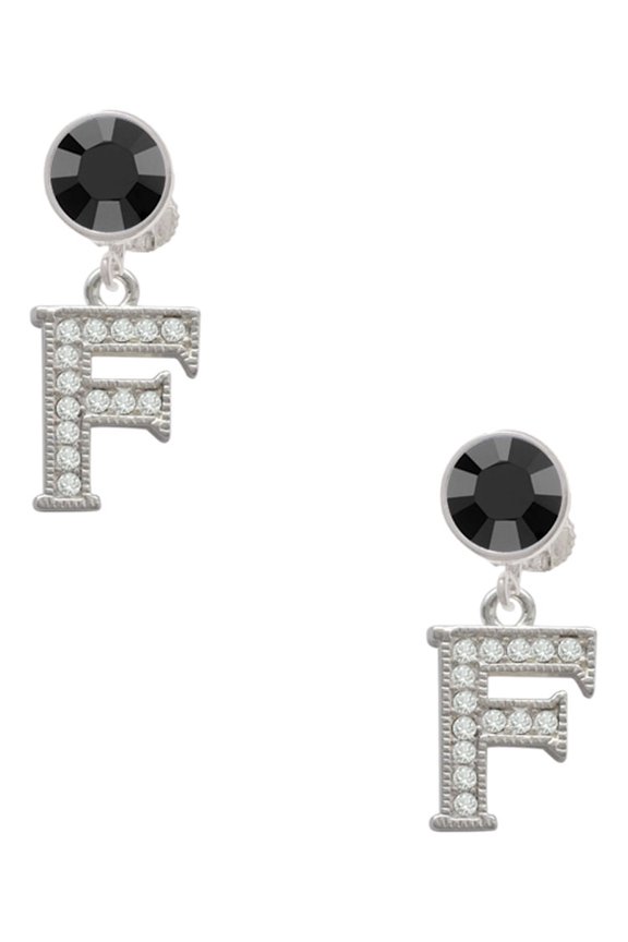 Silvertone Crystal Initial - F - Black Crystal Clip on Earrings