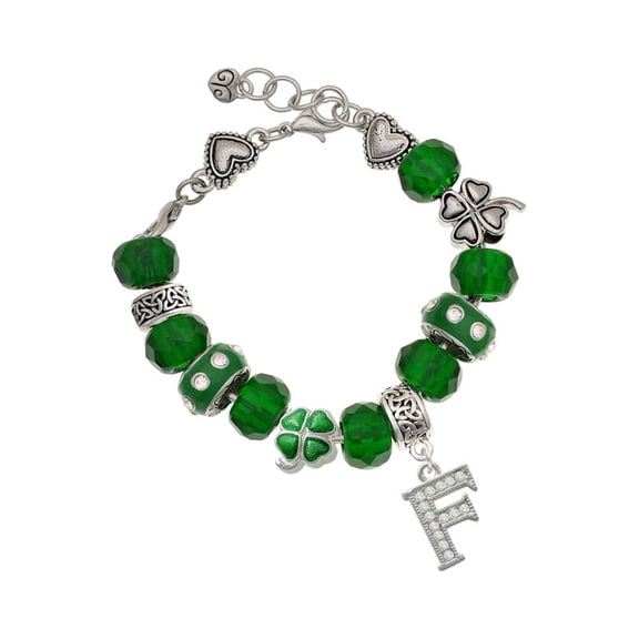 Delight Jewelry Silvertone Crystal Initial - F - Green Irish Luck Bead Charm Bracelet, 7.5"