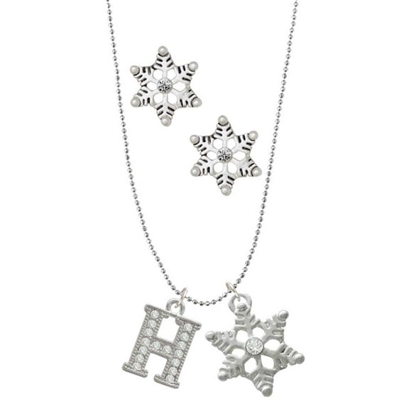 Delight Jewelry Silvertone Crystal Initial - H - Silver tone Snowflake Charm Necklace and Stud Earrings