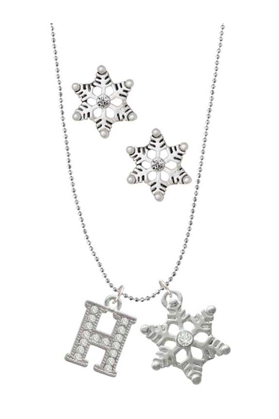 Silvertone Crystal Initial - H - Silver tone Snowflake Charm Necklace and Stud Earrings