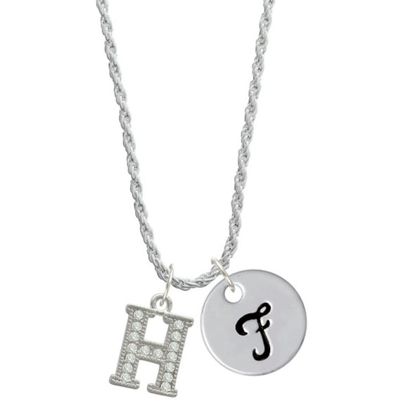 Delight Jewelry Silvertone Crystal Initial - H - Silvertone Script Initial Disc - F - Charm Necklace, 20"+3"
