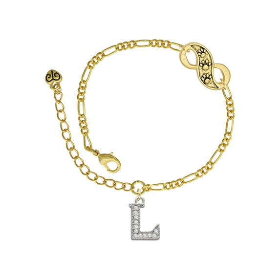 Delight Jewelry Silvertone Crystal Initial - L - Gold-tone Paw Infinity Link Chain Bracelet, 6"+2" Extender