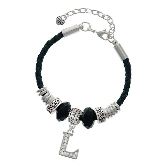 Delight Jewelry Silvertone Crystal Initial - L - Granddaughter Celtic Knot Leather Bead Bracelet, 7"+2" Extender