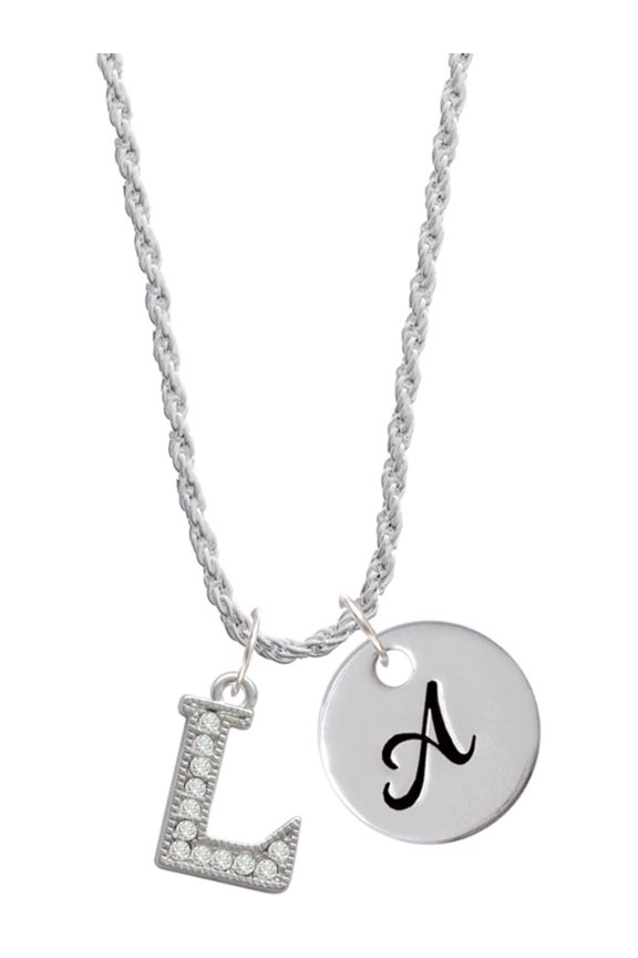 Silvertone Crystal Initial - L - Silvertone Script Initial Disc - A - Charm Necklace, 20"+3"