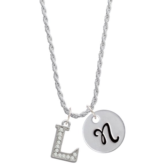 Delight Jewelry Silvertone Crystal Initial - L - Silvertone Script Initial Disc - N - Charm Necklace, 20"+3"