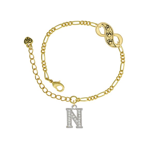 Delight Jewelry Silvertone Crystal Initial - N - Gold-tone Paw Infinity Link Chain Bracelet, 6"+2" Extender