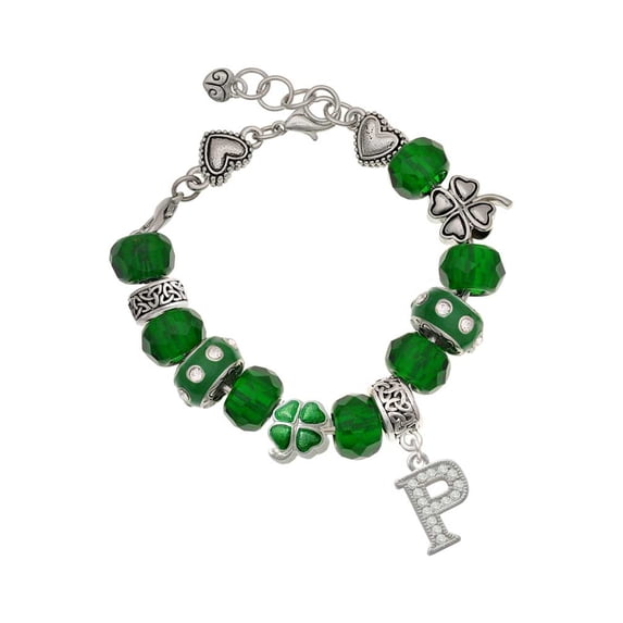 Delight Jewelry Silvertone Crystal Initial - P - Green Irish Luck Bead Charm Bracelet, 7.5"