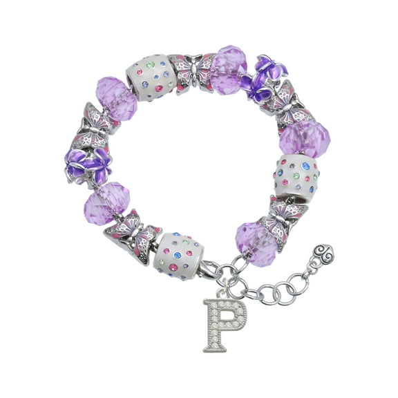 Delight Jewelry Silvertone Crystal Initial - P - Purple Butterfly Bead Charm Bracelet, 7"+1" Extender