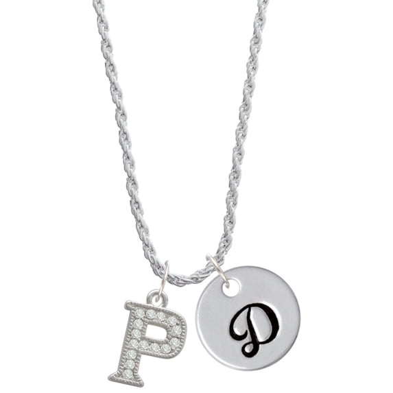 Delight Jewelry Silvertone Crystal Initial - P - Silvertone Script Initial Disc - D - Charm Necklace, 20"+3"