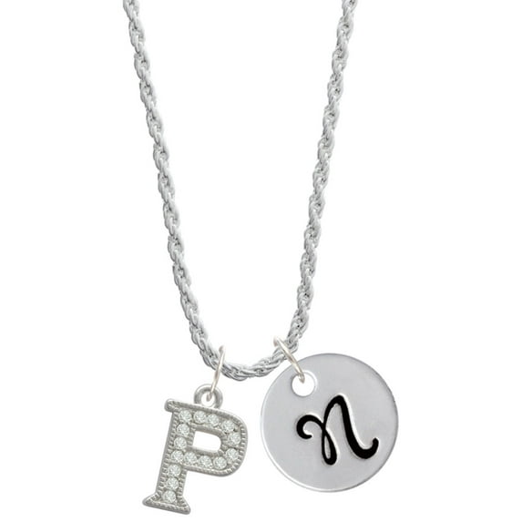 Delight Jewelry Silvertone Crystal Initial - P - Silvertone Script Initial Disc - N - Charm Necklace, 20"+3"