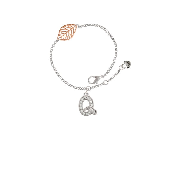 Delight Jewelry Silvertone Crystal Initial - Q - - Rose Goldtone Leaf Delicate Bracelet, 6.25+1.75"
