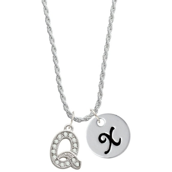 Delight Jewelry Silvertone Crystal Initial - Q - Silvertone Script Initial Disc - X - Charm Necklace, 20"+3"