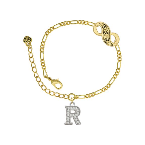 Delight Jewelry Silvertone Crystal Initial - R - Gold-tone Paw Infinity Link Chain Bracelet, 6"+2" Extender