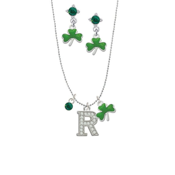 Delight Jewelry Silvertone Crystal Initial - R - Green Shamrock Necklace and Clover Earrings Jewelry Set