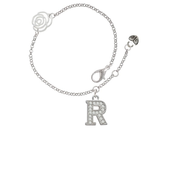 Delight Jewelry Silvertone Crystal Initial - R - Silver-tone Rose Link Chain Bracelet, 6.25"+1.75" Extender