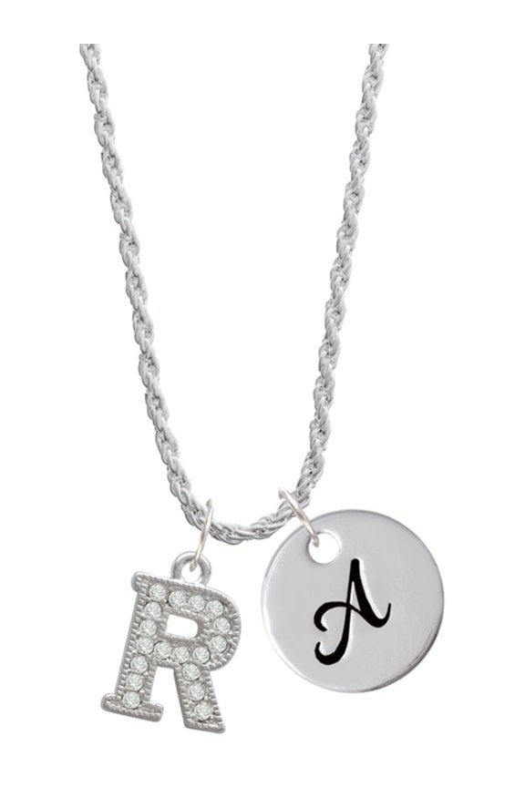 Silvertone Crystal Initial - R - Silvertone Script Initial Disc - A - Charm Necklace, 20"+3"