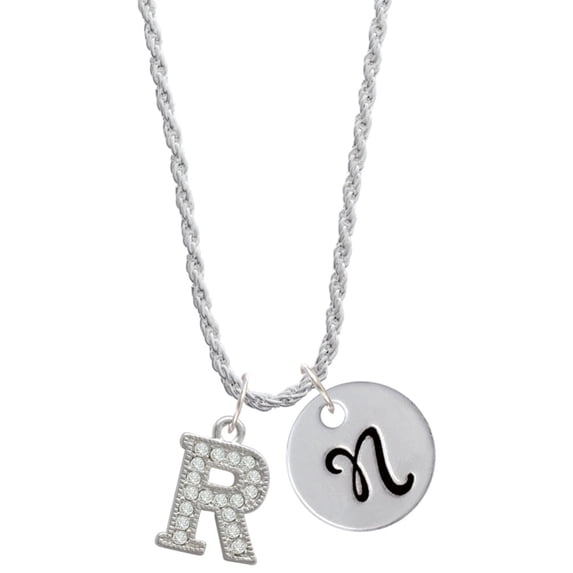 Delight Jewelry Silvertone Crystal Initial - R - Silvertone Script Initial Disc - N - Charm Necklace, 20"+3"