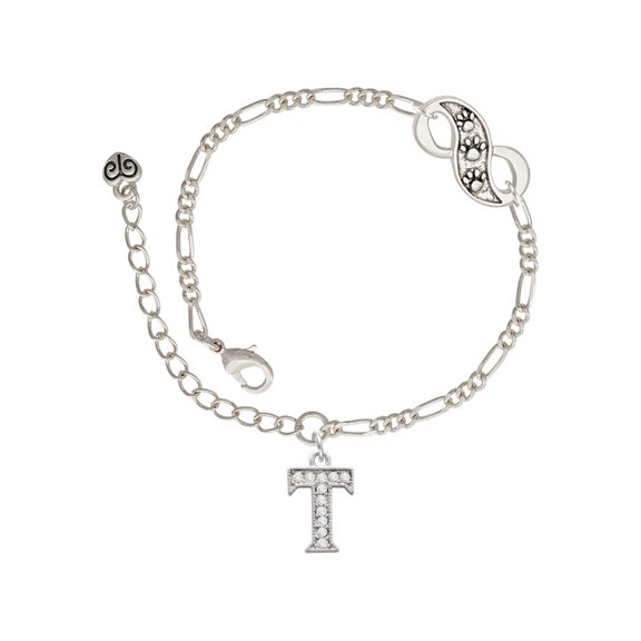 Delight Jewelry Silvertone Crystal Initial - T - Silver-tone Paw Infinity Link Chain Bracelet, 6"+2" Extender